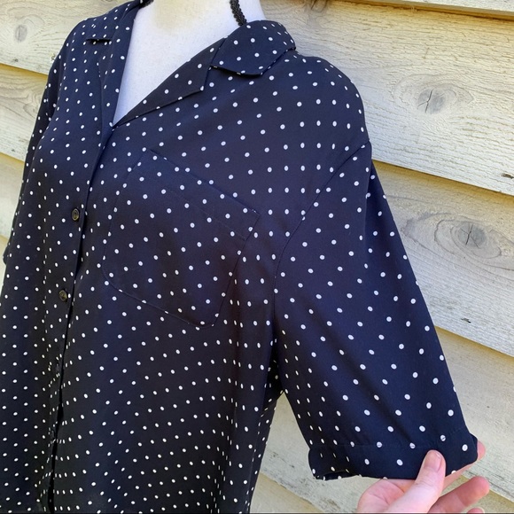 Vintage 90s Black Polka Dot Print Button Down Short Sleeve Collared Popover Top - Picture 7 of 16
